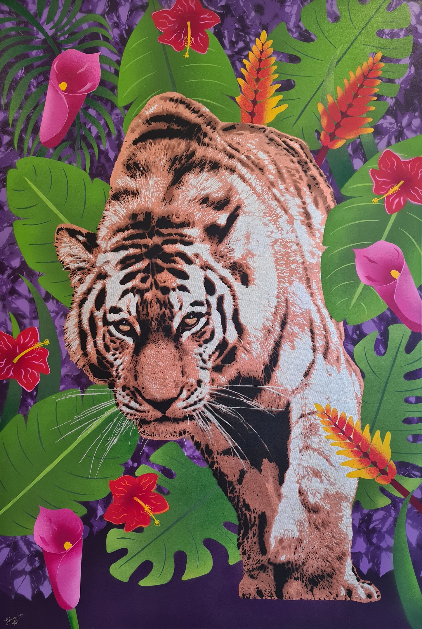 Tiger surrounded by tropical flowers and leaves on a purple background painted by Urban Artist Johnman