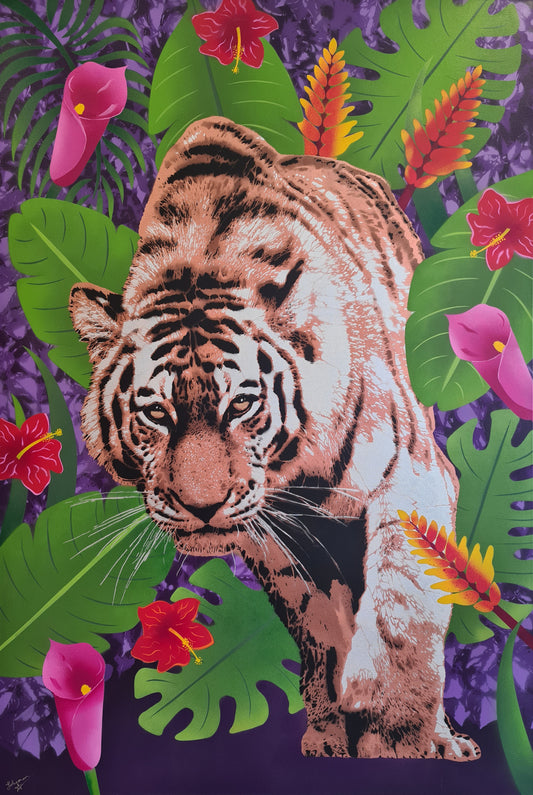 Tiger surrounded by tropical flowers and leaves on a purple background painted by Urban Artist Johnman